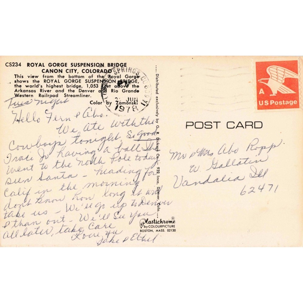 Royal Gorge Suspension Bridge Canon City Colorado Vintage Postcard 1978 CS234 - Picture 2 of 2